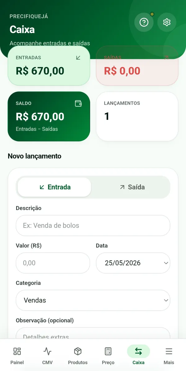 Tela do PrecifiqueJá: Registre entradas e saídas no caixa