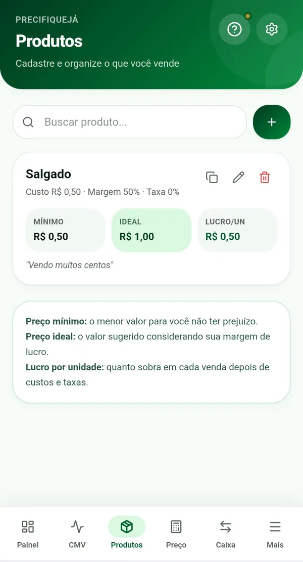 Tela do PrecifiqueJá: Acompanhe seus produtos e o lucro por venda