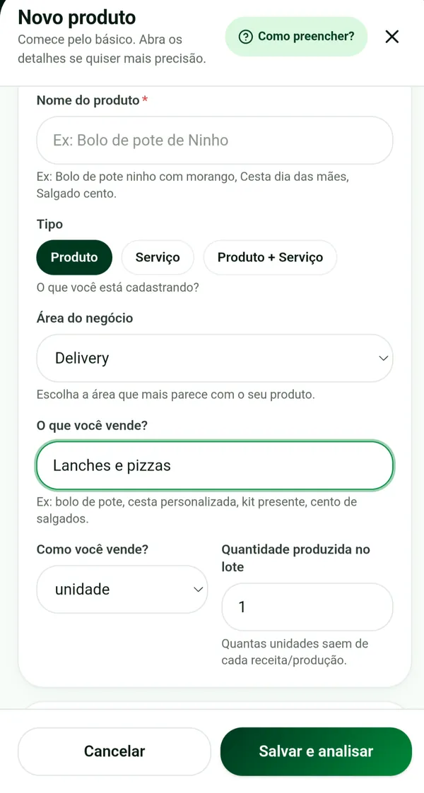Tela do PrecifiqueJá: Diga o que vende e como produz