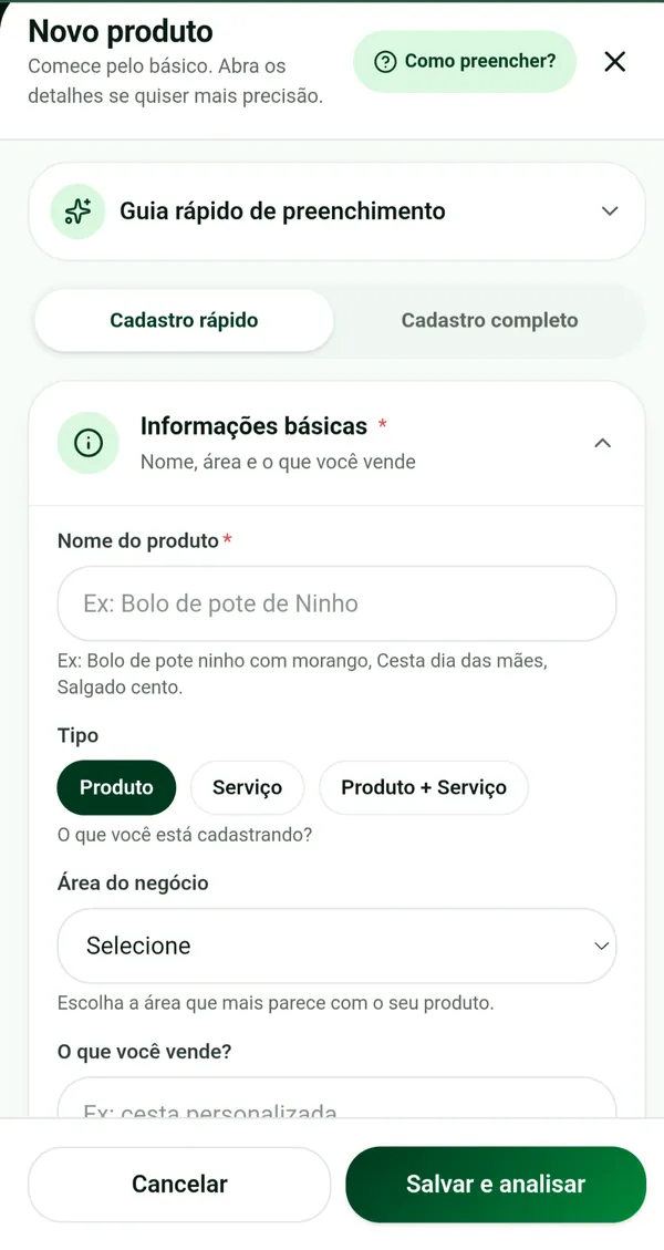 Tela do PrecifiqueJá: Cadastre seu produto com orientação passo a passo