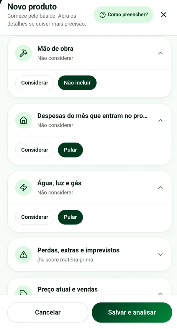 Tela do PrecifiqueJá: Considere custos que muitos esquecem