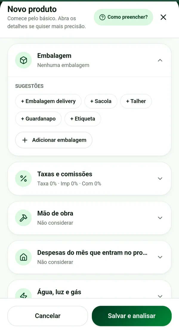 Tela do PrecifiqueJá: Não esqueça embalagens e custos pequenos