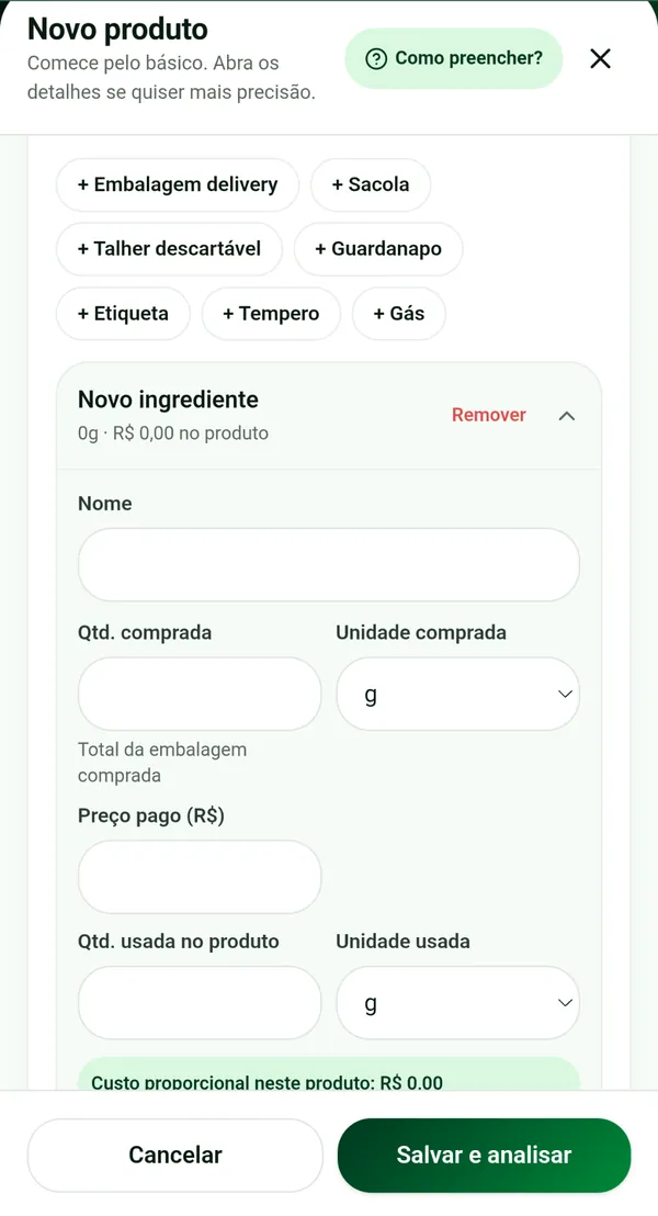 Tela do PrecifiqueJá: Informe ingredientes e matéria-prima