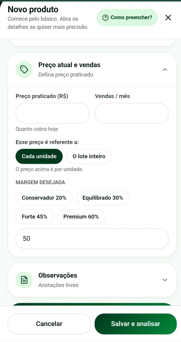 Tela do PrecifiqueJá: Compare o preço que você cobra hoje