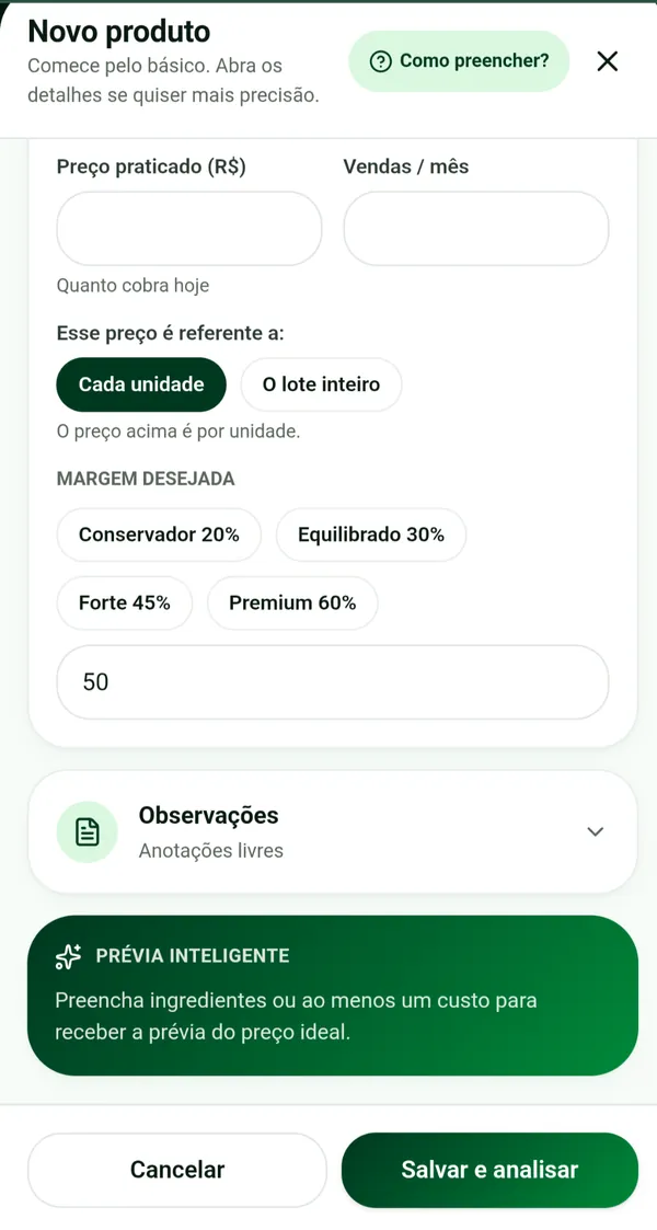 Tela do PrecifiqueJá: Veja uma prévia antes de salvar