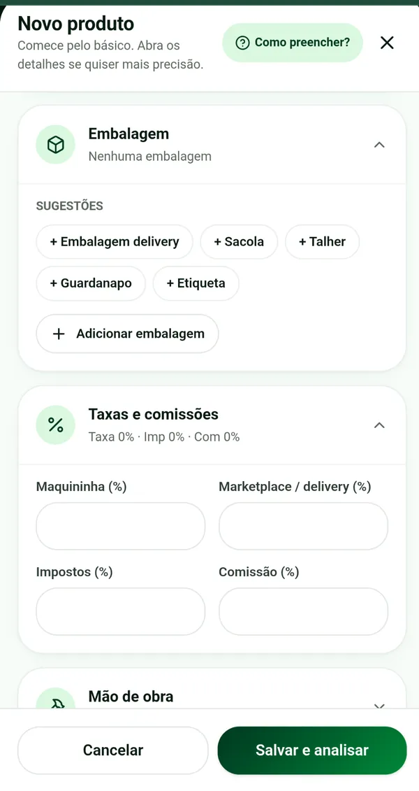Tela do PrecifiqueJá: Adicione taxas que comem sua margem
